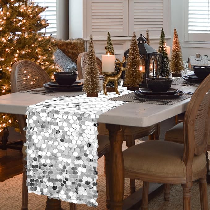 VHH Sequin Table Runner 12 x 108 inches Silver Table Runner, Glitter Runner for Party Wedding Birthday, Party Spring Easter Rustic, Birthday Supplies Decorations (1 Pack).