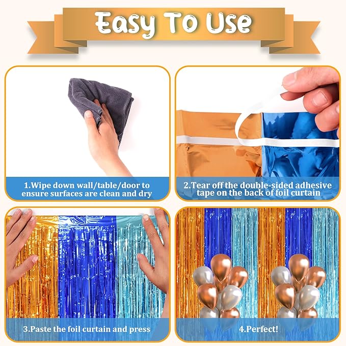 2 Pack Blue Orange Foil Fringe Backdrop Curtains, Tinsel Streamers Party Decorations, Fringe Backdrop, Door Shimmer for Birthday Party