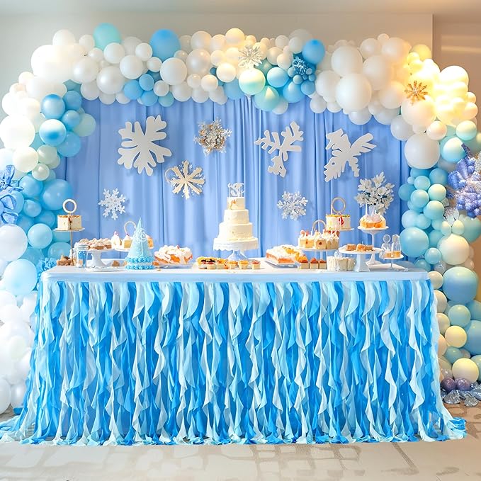 Partisky Ocean Blue Tulle Tutu Ruffle Curly Willow Table Skirt for Rectangle Table 9ft,Under The Sea Baby Shark Themed Table Cloth for Boys Girls Birthday Party or Baby Shower