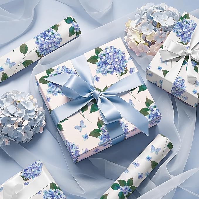 WRAPAHOLIC 30 Inch Jumbo Kraft Hydrangea Floral Wrapping Paper Roll - 30 Inch x 33 Feet - Hydrangea Flower Wrapping Paper for Wedding, Birthday, Bridal Shower, Tea Party