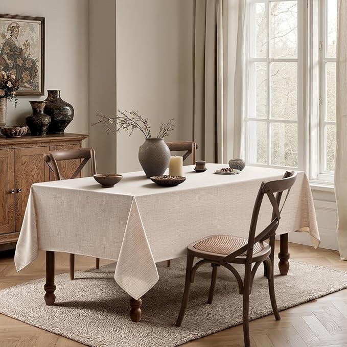 MIULEE Ivory Linen Tablecloth 60x84 Inch Rectangle Table Cloth Waterproof,Stain Resistant & Wrinkle Resistant for Dining Party Wedding