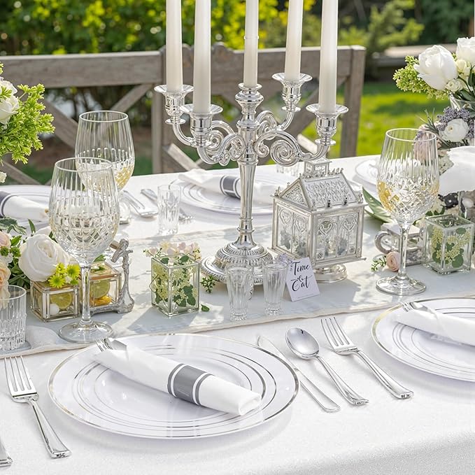 350Piece Silver Plastic Dinnerware Set for 50 Guests - Silver Plastic Plates with Cutlery Include:50Dinner Plates-50Dessert Plates-50Pre Rolled Napkins with Silverware for Christmas