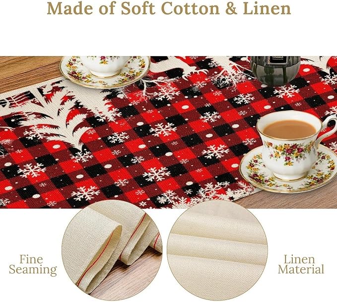 Christmas Table Runner,Red Black Plaid Xmas Snowflakes Deer Trees Print Tablecloth Burlap for Hotel Indoors Outdoor Dining Room Kitchen Home Decor,W13X L90 in