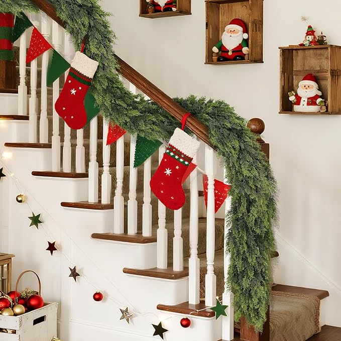 Real Touch Cedar Garland - Artificial Christmas Garlands Faux Green Cedar Fake Pine Needles Garland for Fireplace,Table, Stairs, Mantle, Window,Indoor Outdoor,Home,Holiday Decor(2 PCS,9 FT)
