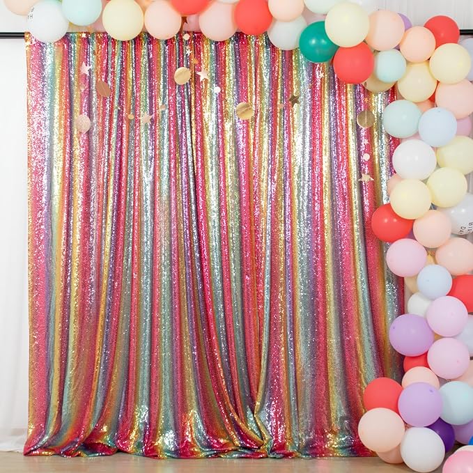 ShiDianYi Rainbow Backdrop Curtains 4FTX10FT Sequin Backdrops 2 Panels Colorful Backdrop for Parties, Birthday, Baby Shower, Studio, Photo Background