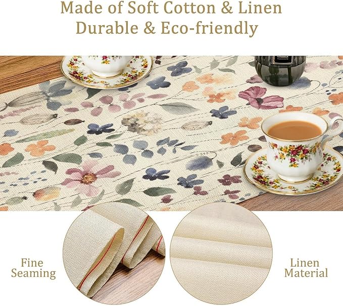 Watercolor Floral Table Runner, Vintage Colorful Floral Natural Style Pattern Decorative Home Restaurant Kitchen Rectangle Table Runner,13in（33cm） W * 72in（184cm） L