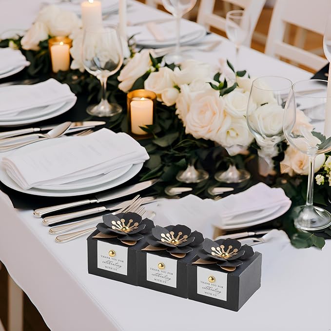 Gift Boxes, 20 Black Candy Boxes with White Floral Decor and Tags