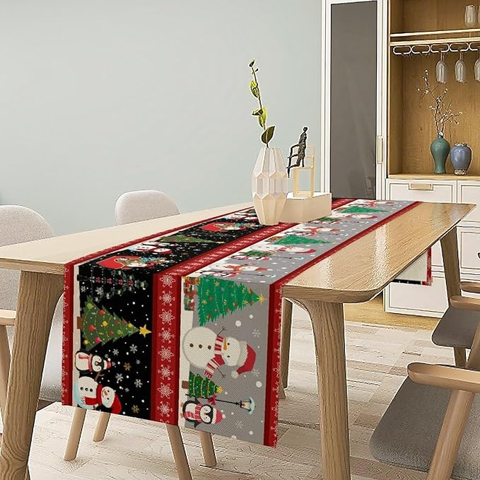 Christmas Table Runner,Cartoon Snowman Tree Xmas Deer Elk Santa Claus Print Tablecloth Burlap for Hotel Indoors Outdoor Dining Room Kitchen Home Decor,W13X L80 in