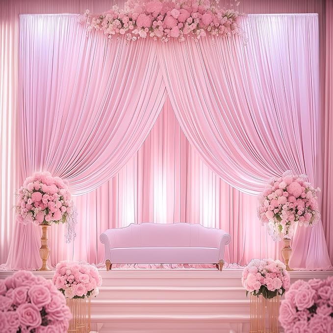 50ftx12ft Wrinkle Free Pink Backdrop Curtain, 10 Panels 12FT Height Pink Wedding Backdrop Drapes, Silky Polyester Back Drop Cloth for Birthday Photography Background Party Backdrop Draping