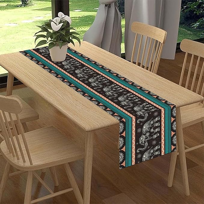 Boho Elephant Table Runner, Vintage Tribal Traditional Bohemian African Animals Ethnic Folk Table Center Decor for Home Kitchen Dining Patio Holiday Party Indoor Table Decorations, 13"x108" Inch