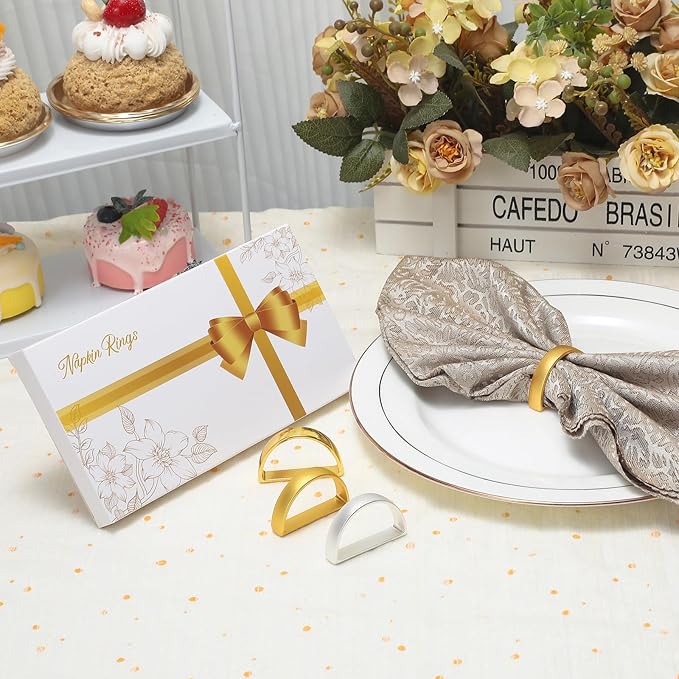 KPOSIYA Napkin Rings Set of 12, Metal Gold Napkin Rings Bulk for Table Settings, D-shape Napkin Holders Rings for Dinner Table Decor, Easter, Fall,Thanksgiving, Christmas, Party,（Brilliant Gold12 pcs）