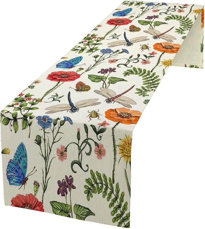 Vintage Botanical Flowers Table Runner, Seasonal Summer Plants Florals Butterfly Dinner Runner for Home Kitchen Dining Table Party Holiday Decoration 13"x36"