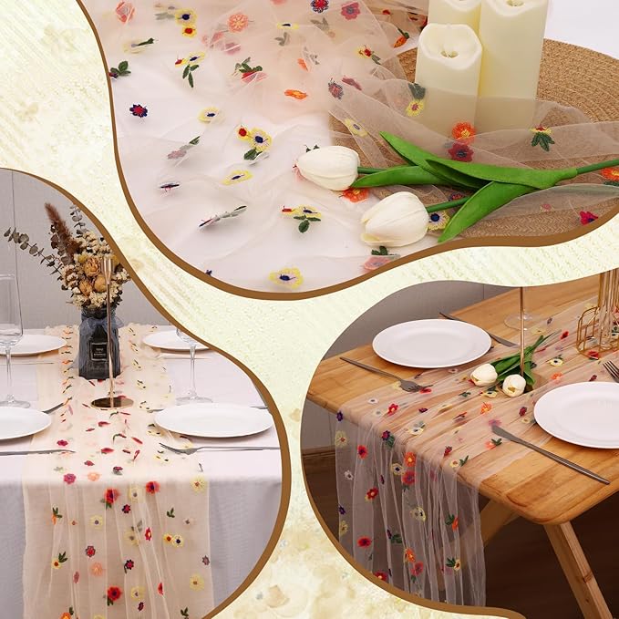 Champagne Floral Table Runner 10 FT, Embroidery Daisy Table Runners Seasonal Sheer Tulle Table Runner for Thanksgiving Wedding Birthday Baby Shower Party ﻿
