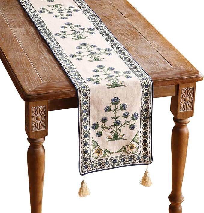 patdrea Designer Blue Rustic Elegant Floral Patterned Extra Long,Wrinkle Resistant Linen Table Runner 118 Inch Long,Decoration for Kitchen Dining and Coffee Tables Banquet Christmas , 12"x118"