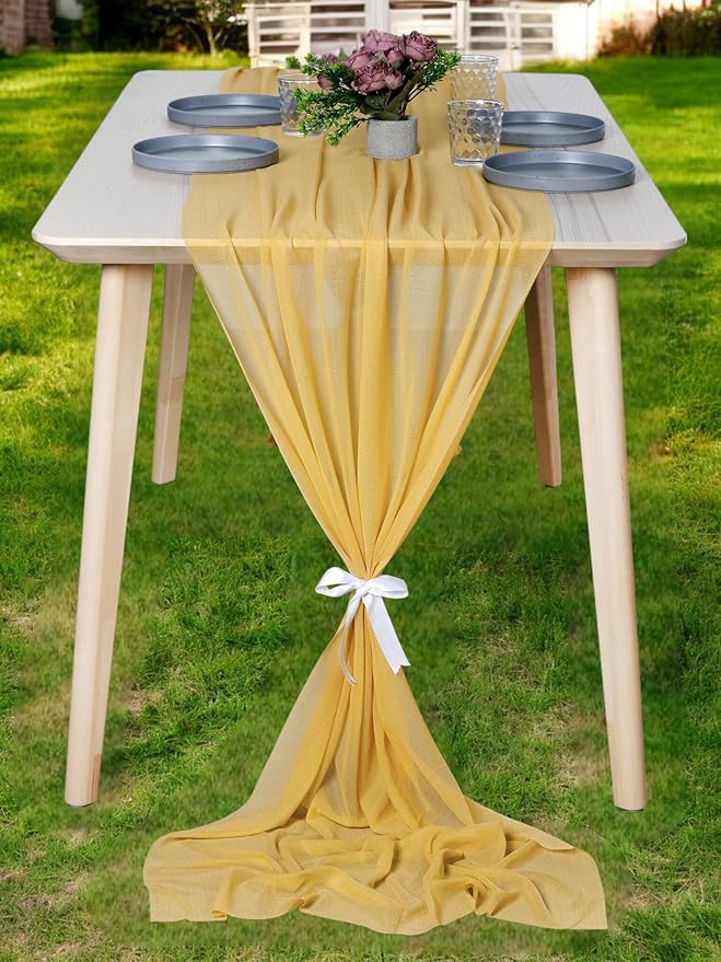 MDS 25 Pack 10ft Chiffon Table Runner 29 x 120 Inches Sheer Wedding Runner Romantic Rustic Table Runner for Wedding Decorations, Birthday Parties, Bridal Shower Party Arch Decor - Gold