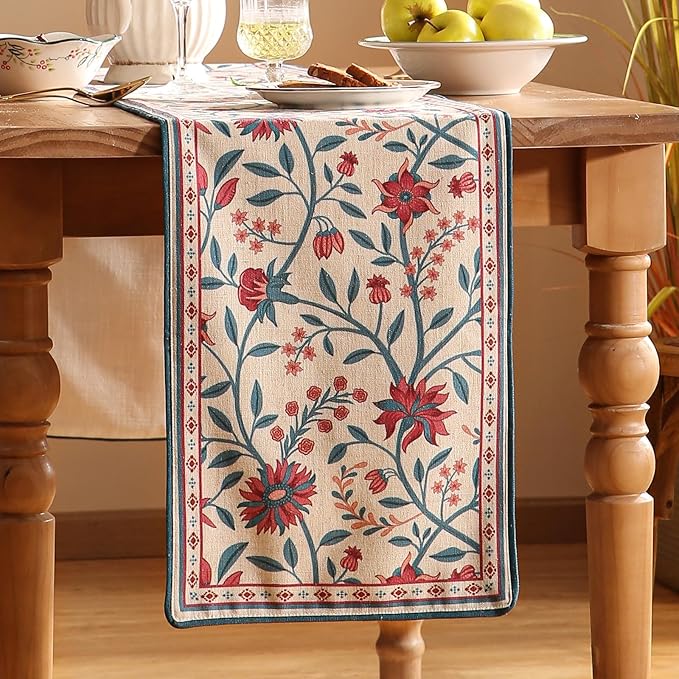 Farmhouse Berry Red Floral Cloth Runner for Coffee Table,71 Inches Long Linen French Table Runners,Decor Tabletop for Kitchen,Dining,Tea Party,Home,Christmas,12"*71"