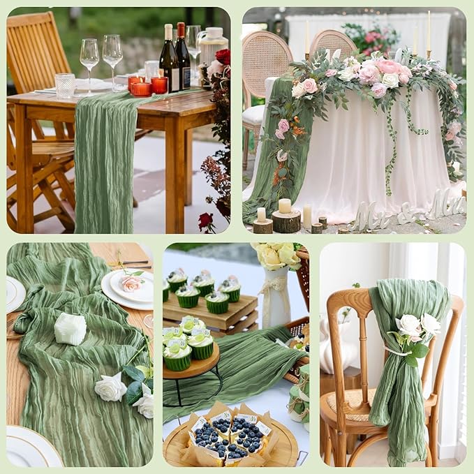 Asee'm 6pcs Cheesecloth Table Runner 120 Inches Sage Green Boho Gauze Cheese Cloth Runner 10FT Rustic Sheer Table Runners for Summer Wedding Baby Shower Holiday Party Decoration