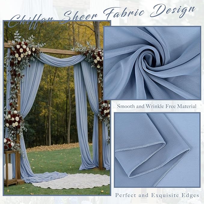 Wedding Arch Draping Fabric - Dusty Blue Chiffon, Set of 4 Panels, 20 Ft Length