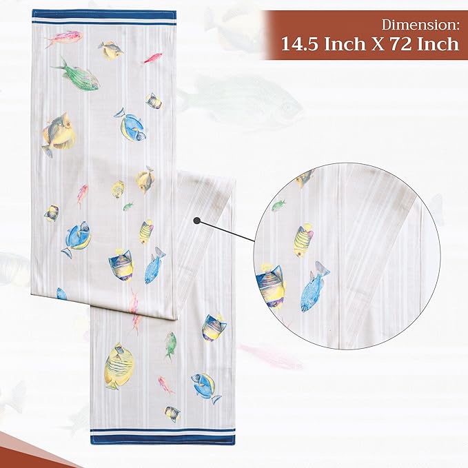 Maison d' Hermine Table Runner 100% Cotton Double Layer Table Runners 72 inches Long Decorative for Home Kitchen Dining Party Baby Shower Wedding Bridal Shower Spring Summer (Poisson, 14.50" x 72")