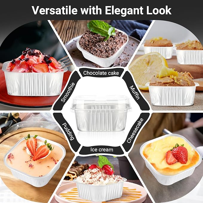 Baking Cups with Lids, 10 oz Silver Foil Ramekins, 100 Pack