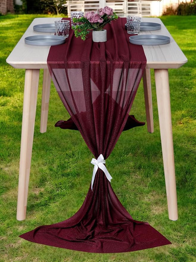 MDS 25 Pack 10ft Chiffon Table Runner 29 x 120 Inches Sheer Wedding Runner Romantic Rustic Table Runner for Wedding Decorations, Birthday Parties, Bridal Shower Party Arch Decor - Burgundy
