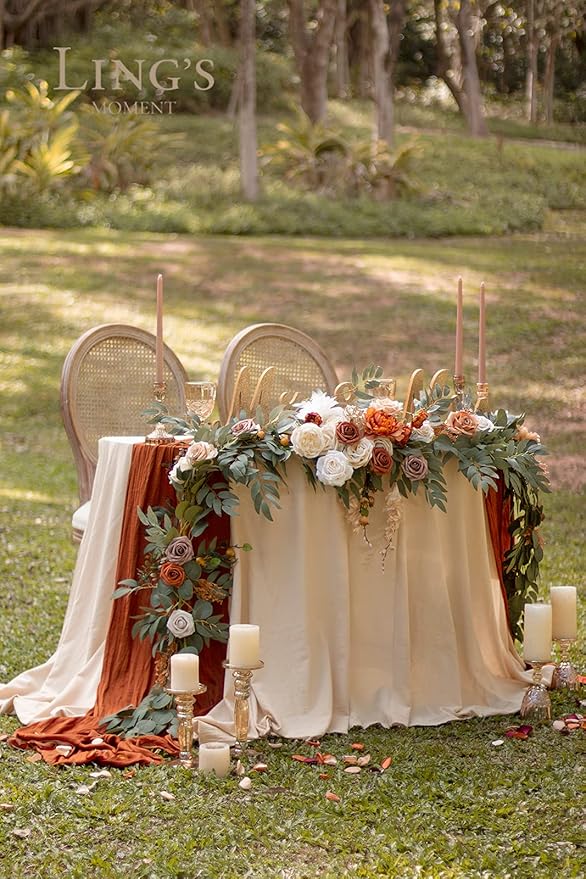 Ling's moment Fall 9FT Flower Garland for Backdrop Decorations - Wedding Arch Flowers, Eucalyptus & Rose, Artificial Floral Garland for Mantle - Sweetheart Table Decor for Ceremony, Terracotta