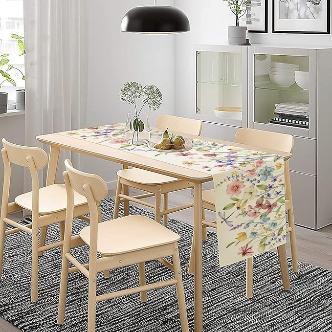 Watercolor Floral Table Runner, Colorful Spring Summer Nature Flower Dragonfly Pattern Print Table Runner for Kitchen Dinning Table Runner Decor Home Wedding Party Holiday, 13x90 Inch