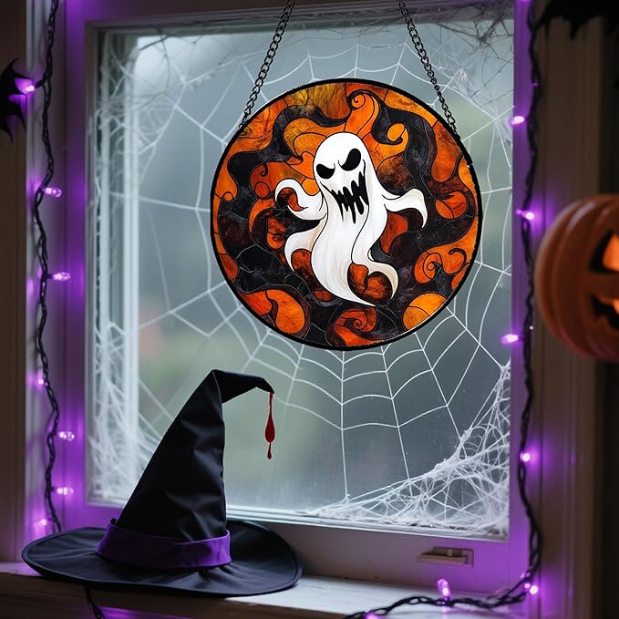 Stained Glass Window Hanging - Halloween White Ghost Suncatcher for Doors Window Garden Indoor Spooky Funny Orange Sun Catchers Gothic Decor Horror Gifts for Women Men Friend 11.8 in