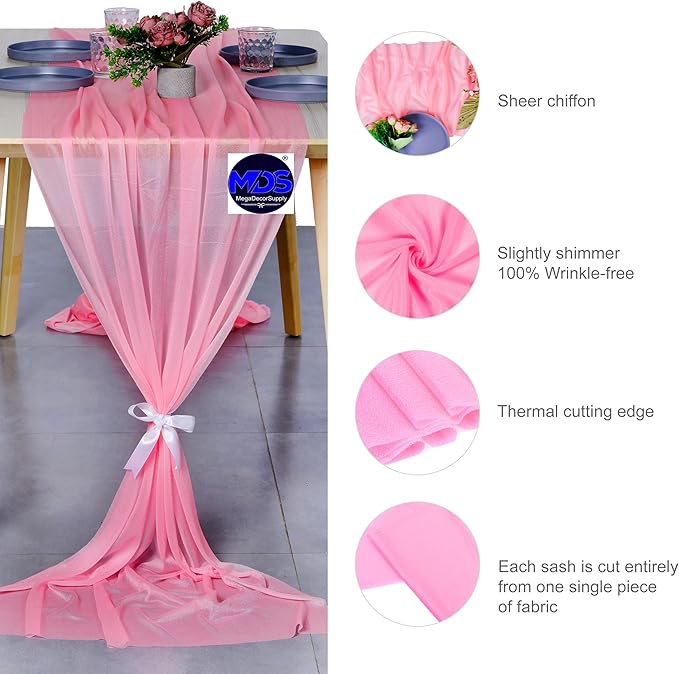 MDS 2 Pack 14ft Chiffon Table Runner 29 x 170 Inches Sheer Wedding Runner Romantic Rustic Table Runner for Wedding Decorations, Birthday Parties, Bridal Shower Party Arch Decor - Coral