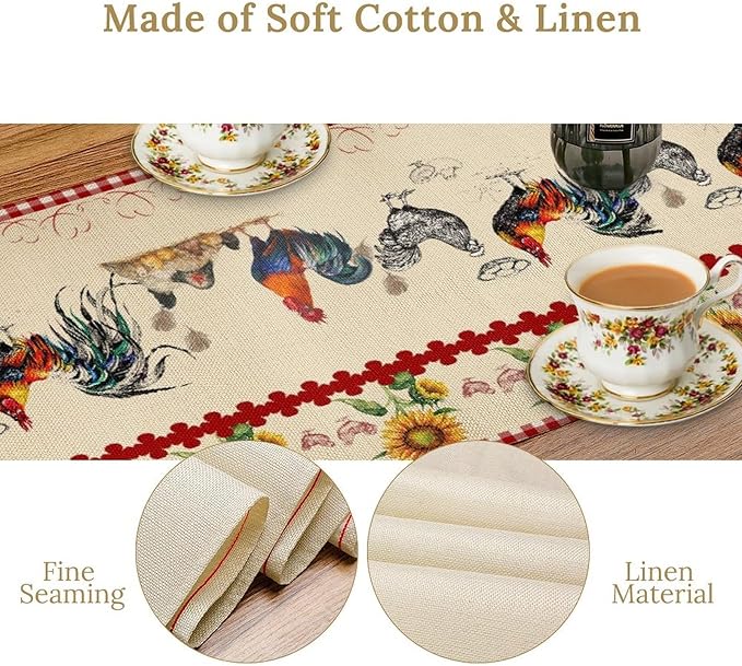 Rustic Rooster Table Runner,Vintage Country Farm Sunflower Chicken Red Plaid Print Tablecloth Burlap for Hotel Indoors Outdoor Dining Room Kitchen Home Decor,W13X L90 in