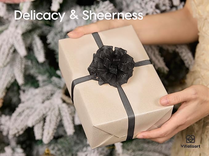 Vitalizart 3/8" x 30Yd Organza Ribbon Black Sheer Ribbons Set 10 Yd x 3 Rolls Handmade Eco-Friendly for Gift Wrapping Christmas Tree Crafts Bows Wedding Invitations Wreaths Wrap