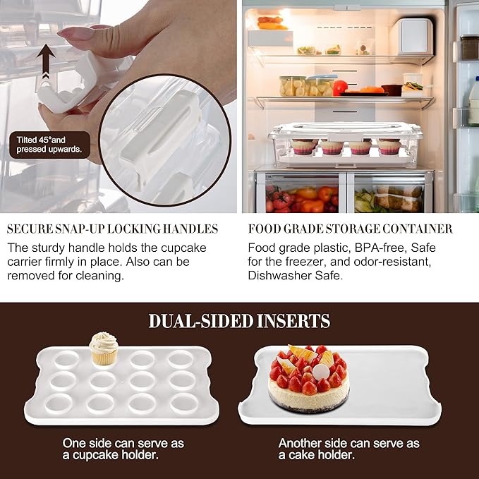 ARC 3-Tiers Cupcake Carrier (White) - Cupcake Holder and Cake Transport Container that Holds up to 36 Cupcakes or 3 Large Cakes - BPA-Free, Great for Parties & Festivals