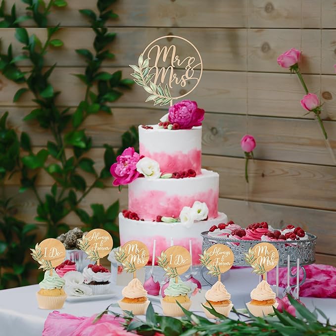 Non-Edible Wood Cake Topper Set with 12 Green Leaf Cupcake Toppers
