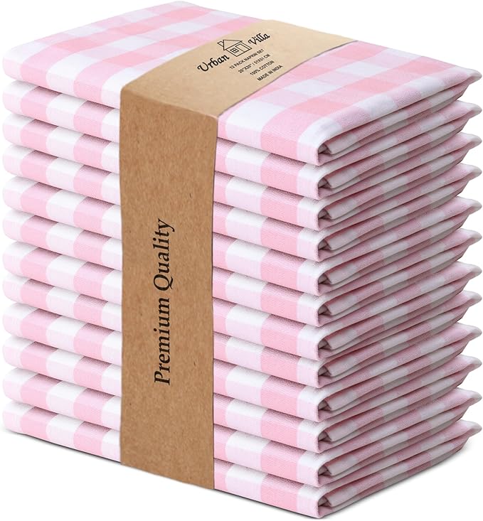 Cloth Dinner Napkins, 100% Cotton Checkered Pink, 20 x 20 Inch