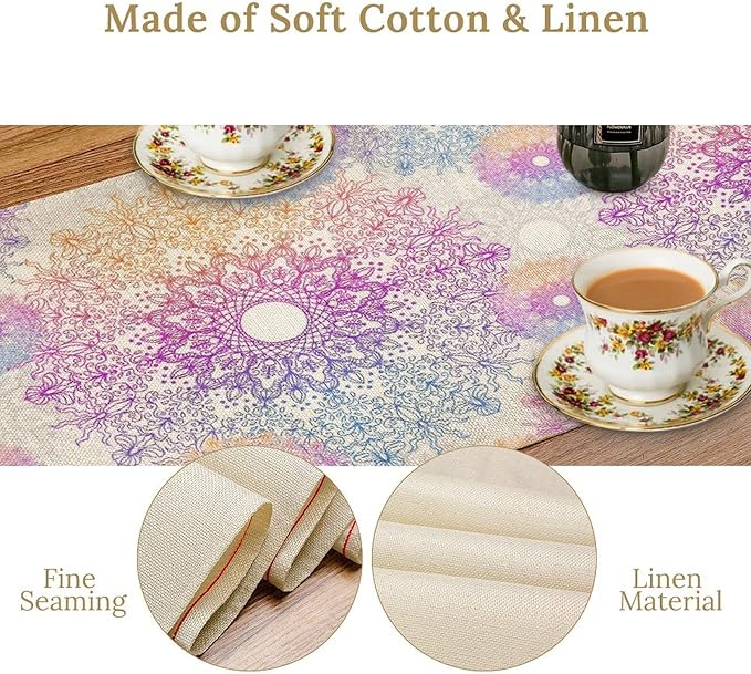 Oriental Mandala Table Runner, Traditional Bohemian Gradiently Purple Pink Blue Mandala Flower Table Runner for Farmhouse Cottage Kitchen Dining Table Decor, 13x60inch