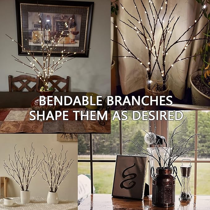Fudios Lighted Branches with Timer 70 LED Fairy Lights 18in Battery Operated, Willow Branches with Lights for Vase Christmas Holiday Home Decor