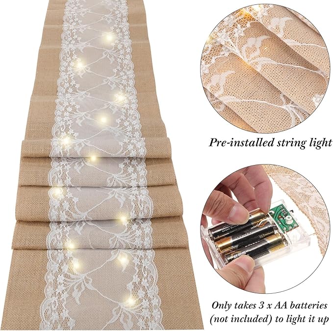 Xinnun 12 Pcs Burlap Table Runner with Lights 12 x 108 Inches Burlap Lace Table Runner Rustic Wedding Decorations Home Party (Vine)