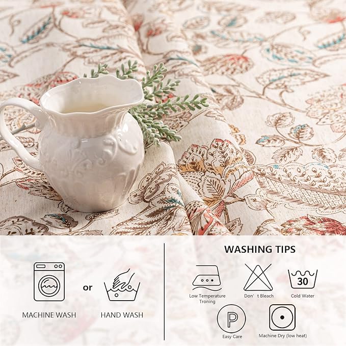 MYSKY HOME Linen Floral Tablecloth Rectangle 60x84 Inch Rustic Tablecloth Spring Summer Waterproof Fabric Table Cover Farmhouse Decoration Oblong for Kitchen, Dining and Outdoor Picnic, Brown