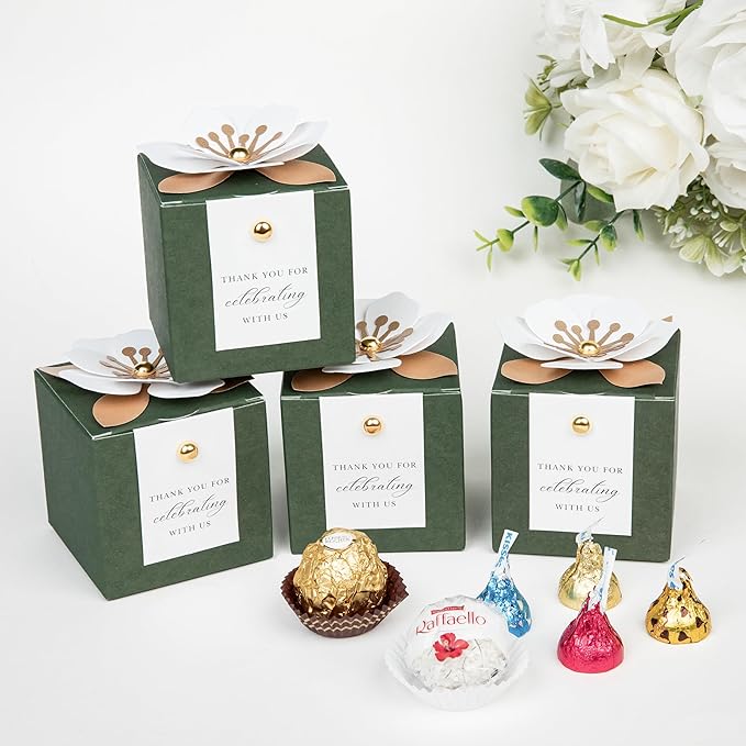 Gift Boxes 20 Count Olive Green Floral Candy Favor Boxes with Tags