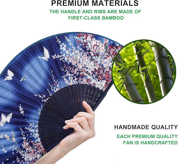 Amajiji 8.27"(21cm) Hand Held Bamboo Silk Folding Fan Hand Fan,Chinese/Japanese Charming Elegant Vintage Retro Style,Women Ladys Girls Best Gifts (Blue Butterfly)