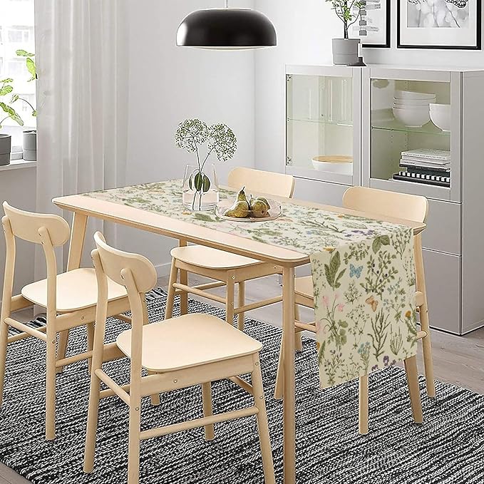 Floral Botanical Table Runner, Garden Spring Flower Botanical Butterfly Animal for Restaurant, Kitchen, Wedding, Party Rectangular Table Runner Decoration,13in（33cm） W * 108in（274cm） L