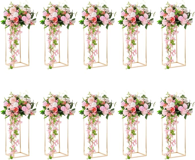 Metal Vase Stand Centerpiece in Gold, 23.6 Inch Tall Cube Design