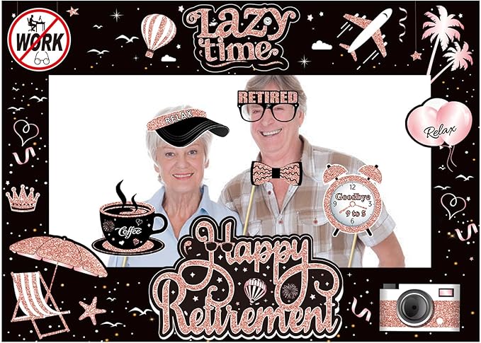 Photo Booth Props, 27 Pieces with Frame, Rose Gold and Black Retirement
