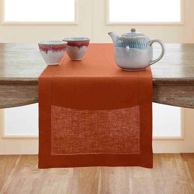 Solino Home Linen Cinnamon Table Runner 90 Inches Long - 100% Pure Linen Hemstitch 14 x 90 Inch Table Runner for Dining, Fall, Autumn, Halloween, Thanksgiving - Classic Hemstitch