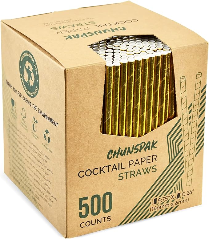Paper Straws - 5.75 Inch Short Metallic Gold, Pack of 500