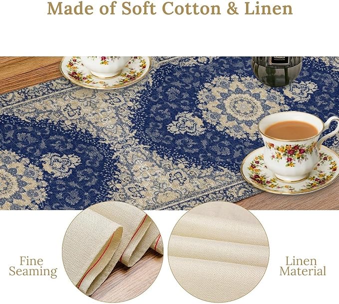 Boho Bohemia Style Dark Blue Table Runner, Country Rustic Farmhouse Magical Abstract Print Pattern for Home Kitchen Table Decor Dining Coffee Room Garden Party Decor 13x108in