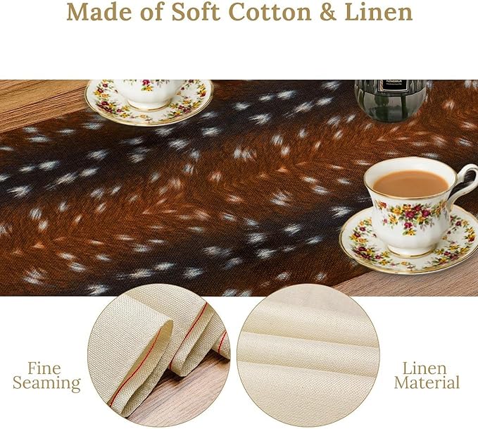 Deer Skin Table Runner Brown Fur Runner Black White Elk Deer Print Fur Western Print Cotton Linen Cottage Dinner Table Runners for Dining Room Kitchen Table Setting, 13x108 Inch