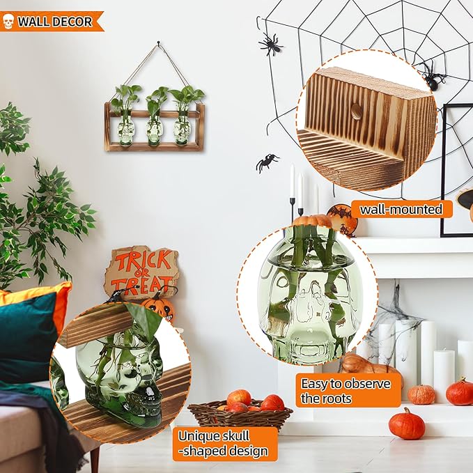Terrarium Skull Propagation Stations, 3 Glass Vases with Wood Stand
