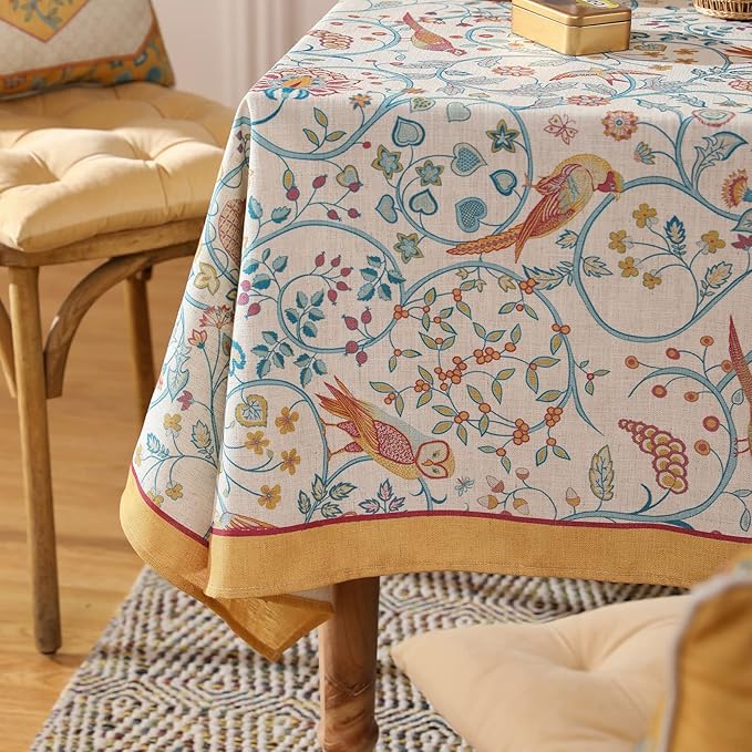 patdrea Designer French Tablecloth for Rectangle Table,Floral Birds Pattern Linen Table Cloth,Fall Yellow Decorative Cover for Kitchen Dining Banquet,Christmas,Thanksgiving,55"x87"-Magnolia