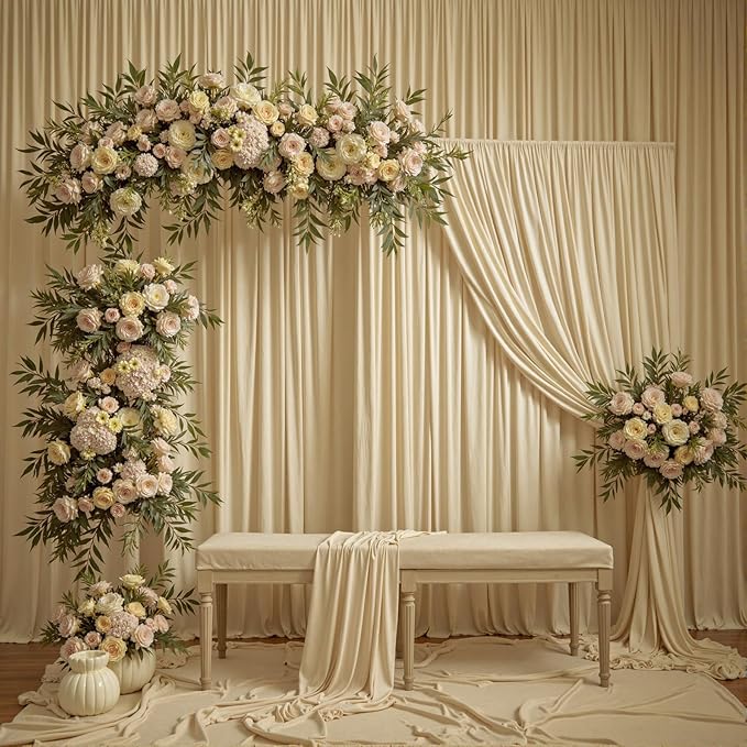 30ftx12ft Wrinkle Free Beige Backdrop Curtain, 6 Panels 12FT Height Beige Wedding Backdrop Drapes, Silky Polyester Back Drop Cloth for Birthday Photography Background Party Backdrop Draping
